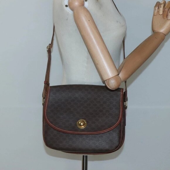CELINE Macadam Canvas Shoulder Bag PVC Leather Brown Gold Auth - Picture 1 of 16